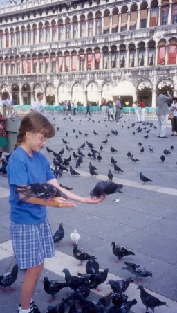 Sally feeding pigeons