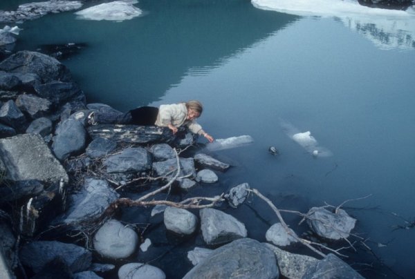 Sally touches the Portage Lake