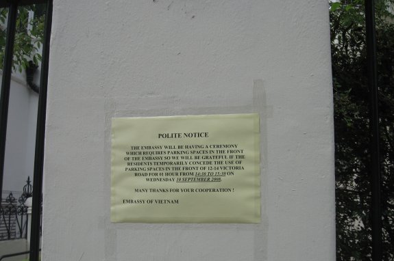 Vietnamese Embassy parking notice